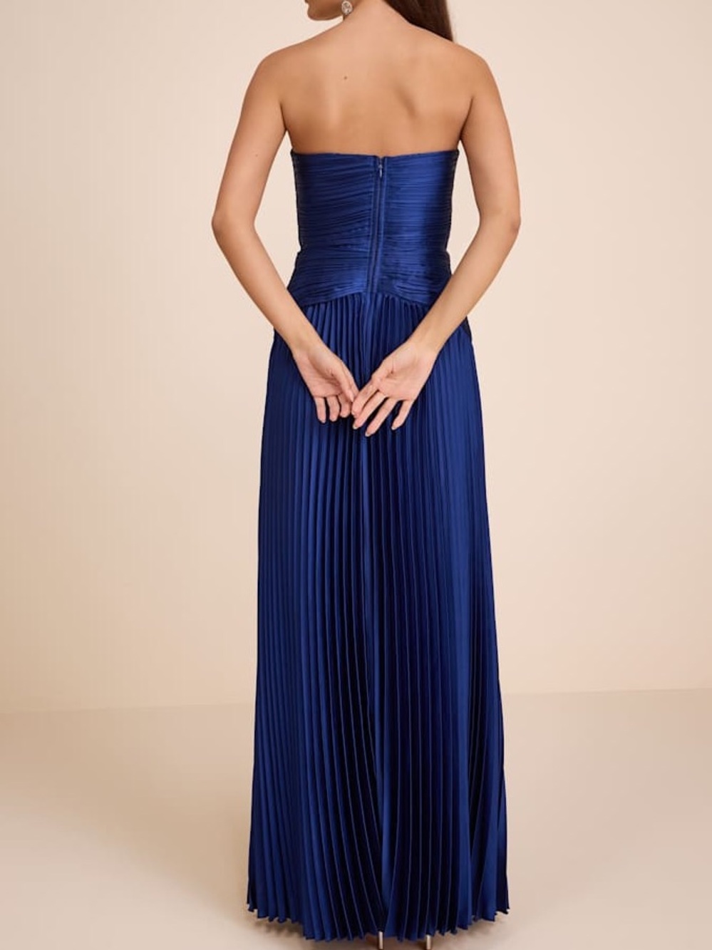Lulus Elkay Navy Blue Pleated Satin Drop Waist Maxi Dress Size M NWT - Picture 3 of 16